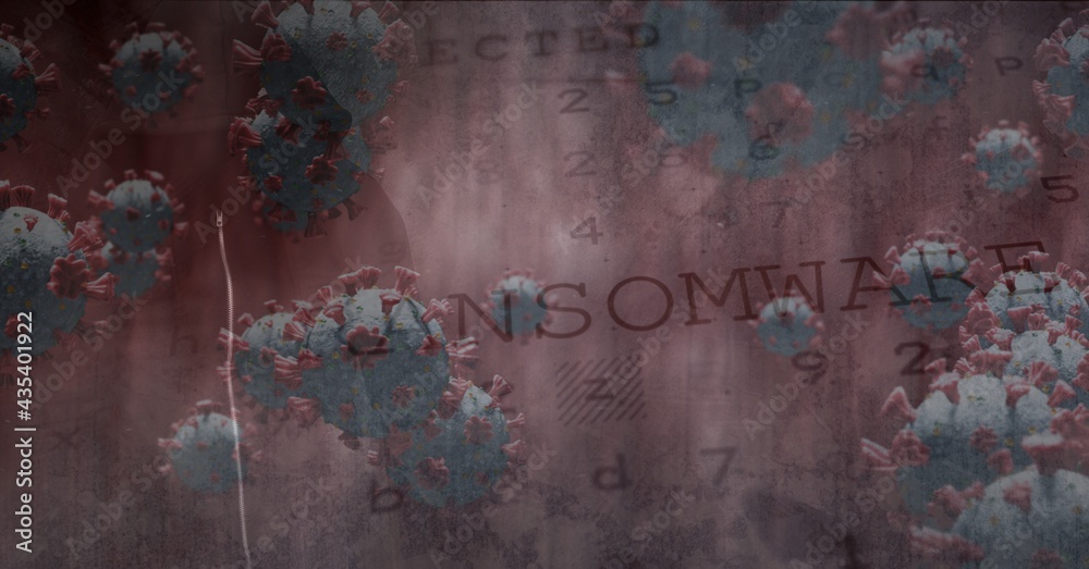Fototapeta premium Composition of hooded hacker with covid cells and ransomware security warning message on dark screen
