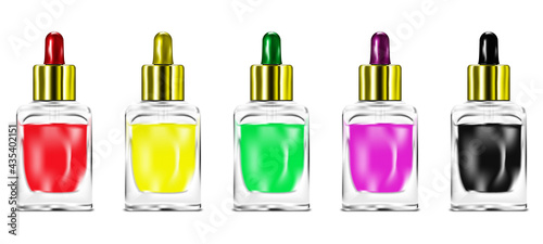 Clear glass full bottle with dropper cap. Face serum, nail care product transparent container. Vector illustration. Color set. Easy to recolor