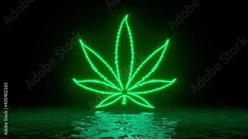 Glowing green neon cannabis weed marijuana leaf with reflections on water surface. Abstract background, waves, ultraviolet, spectrum vibrant colors. 3d render illustration. 4K video