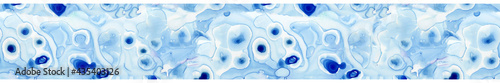 Liquid watercolor and ink abstract blue marbled organic texture evoking water cells. Horizontal repeat vector border.