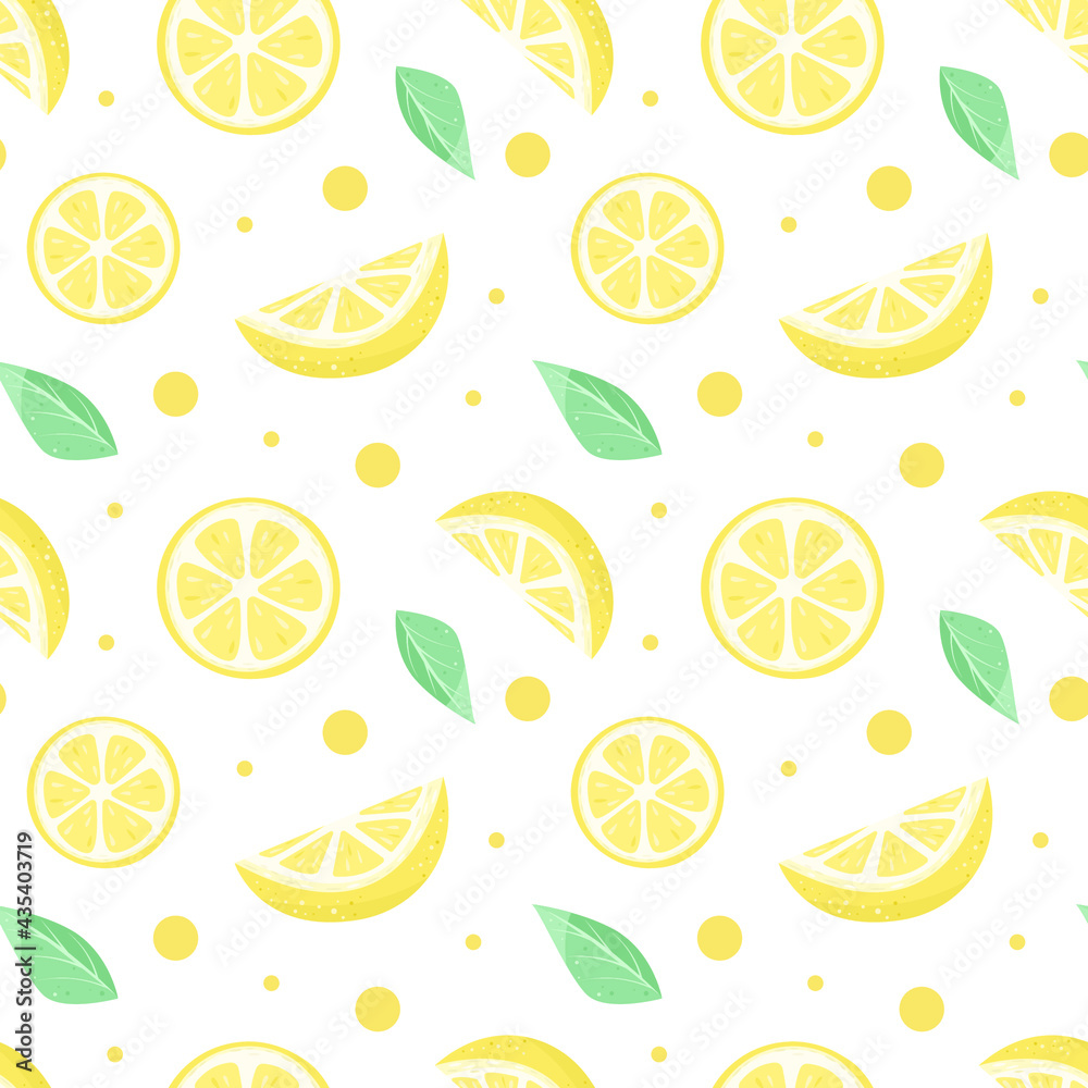 Lemonade seamless pattern with yellow lemons and mint. Whole and parts, slice.