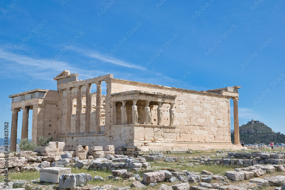 Athens acropolis . The Porch of the Caryatids in The Erechtheion an ancient Greek temple on the north side of the Acropolis of Athens, Greece