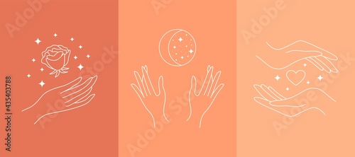 Boho mystic doodle set. Simple line magic logo icons with hands, moon, rose, stars. Bohemian posters, vector modern illustration