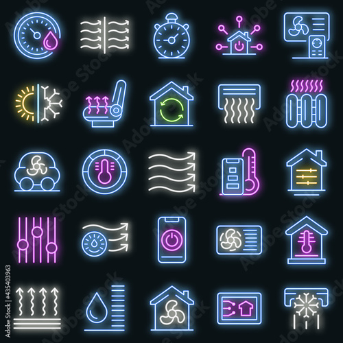 Climate control systems icons set. Outline set of climate control systems vector icons neon color on black