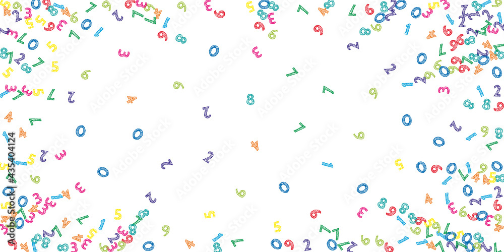 Falling colorful sketch numbers. Math study concept with flying digits. Eminent back to school mathematics banner on white background. Falling numbers vector illustration.