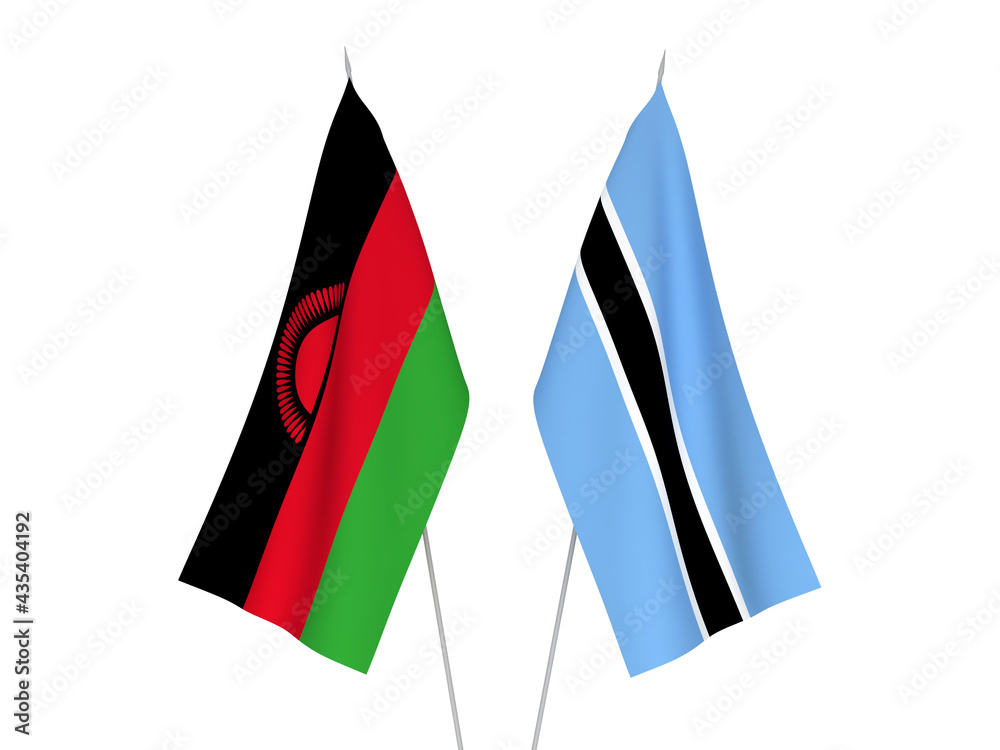 National fabric flags of Botswana and Malawi isolated on white background. 3d rendering illustration. National fabric flags of Botswana and Malawi isolated on white background. 3d rendering illustration.