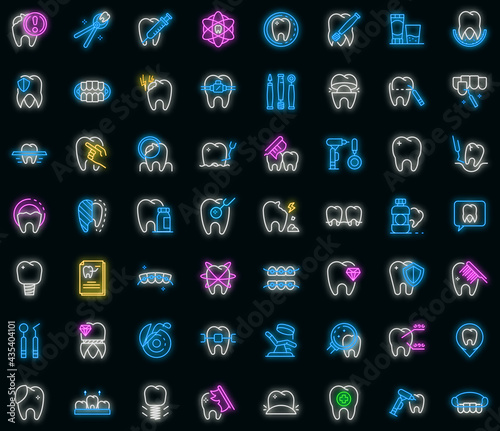 Tooth restoration icons set. Outline set of tooth restoration vector icons neon color on black