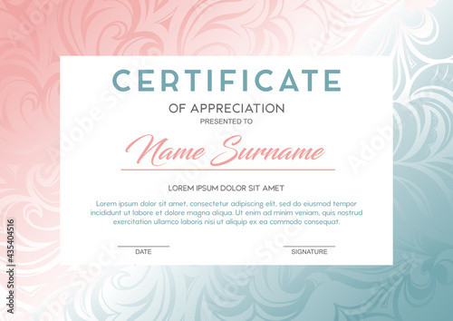 Certificate template with a frame with a stylized floral pattern and a gradient with a glow effect. Design of an ad, diploma, invitation, gift voucher, coupon. Vector
