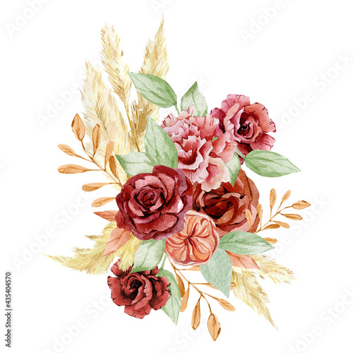 Watercolor boho red flowers bouquets. Pampas grass and burgundy rose, peonies. Rich floral, branches, leaves, foliage. Fall Autumn for wedding card, bridal card.