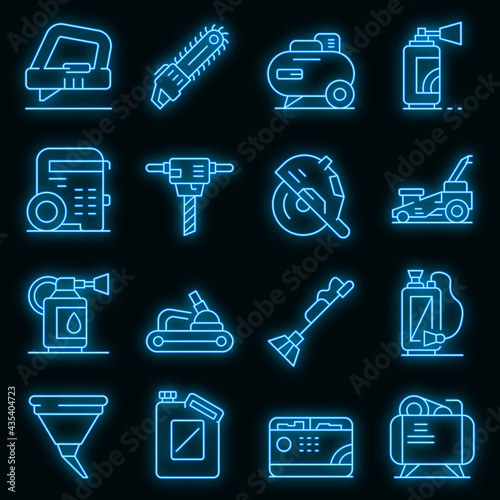 Gasoline tools icons set. Outline set of gasoline tools vector icons neon color on black