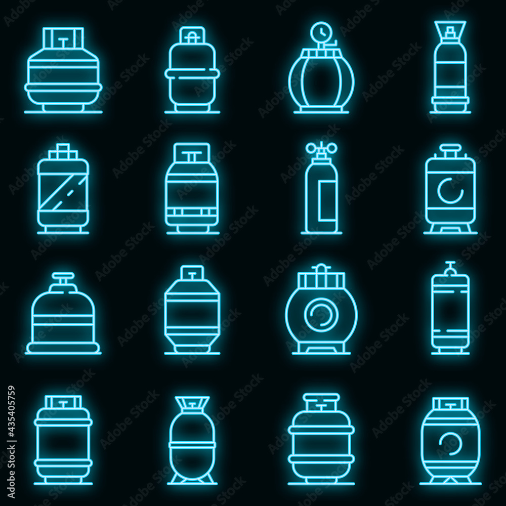 Gas cylinders icons set. Outline set of gas cylinders vector icons neon color on black Gas cylinders icons set. Outline set of gas cylinders vector icons neon color on black