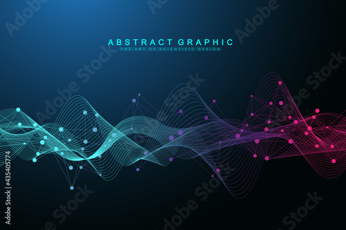Flowing geometric abstract background with connected lines and dots. Connectivity flow point. Molecule and communication background. Graphic connection background for your design. Vector illustration.