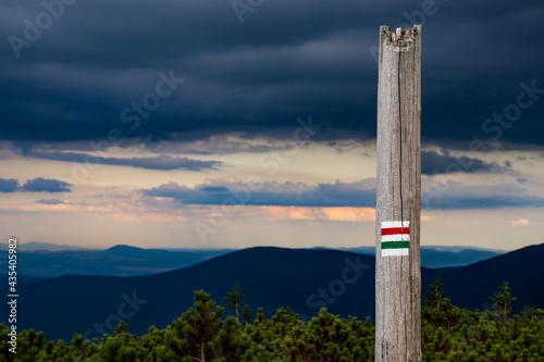 hiking trail marking painted on wood in the mountain, beautiful landscape in cloudy evening