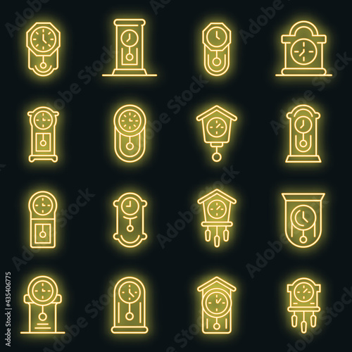 Pendulum clock icons set. Outline set of pendulum clock vector icons neon color on black