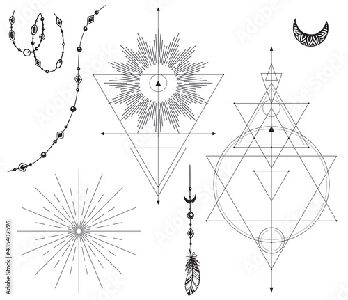 Vector set of black and white mystical elements isolated on white background. Sacred symbols, beads, feather.