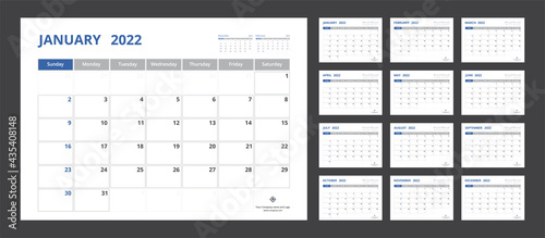 2022 calendar planner set for template corporate design week start on Sunday.