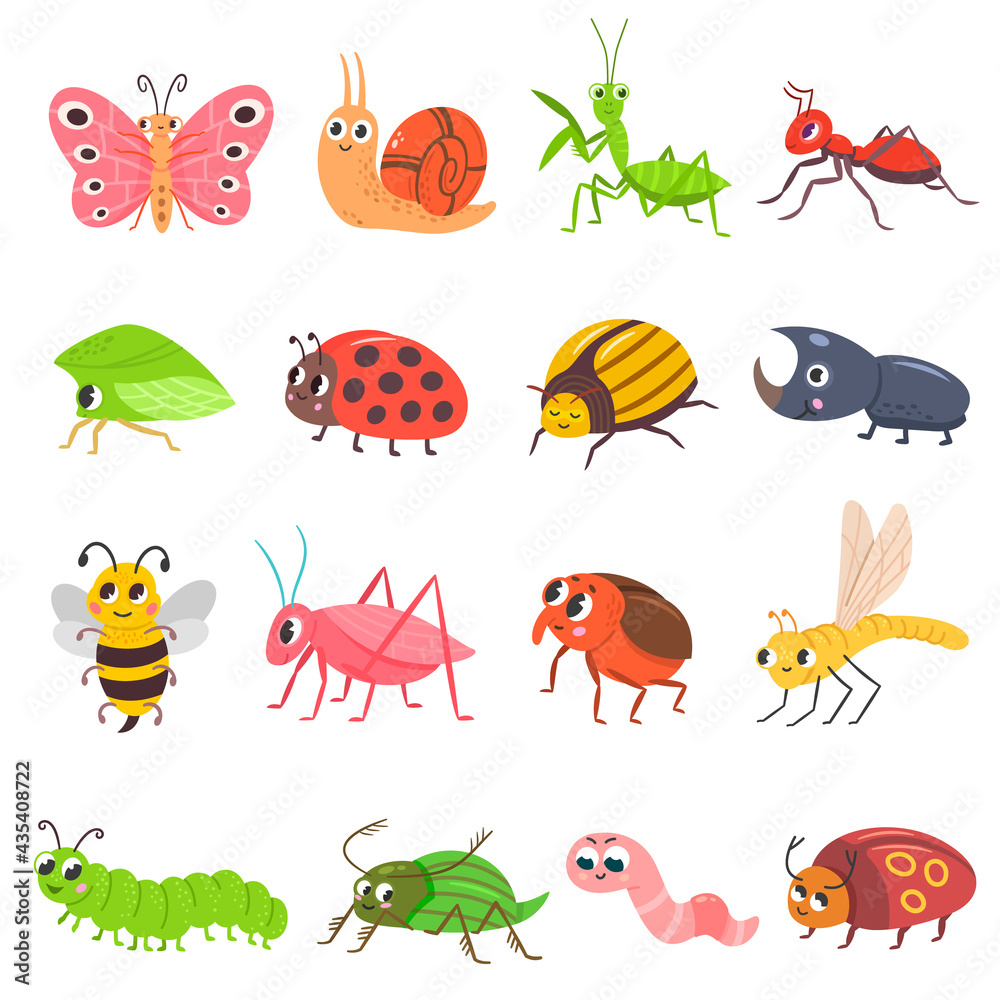 Cute insect set. Cartoon bug, beetle, butterfly, worm. Funny snail and ant. Happy smiling insect vector illustration set.