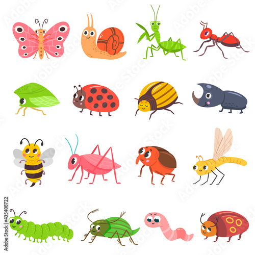Cute insect set. Cartoon bug, beetle, butterfly, worm. Funny snail and ant. Happy smiling insect vector illustration set.