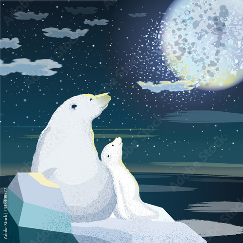 Vector illustration of mother polar bear and baby polar bear watching the full moon in the night sky. Design for picture frame, poster, brochure and card