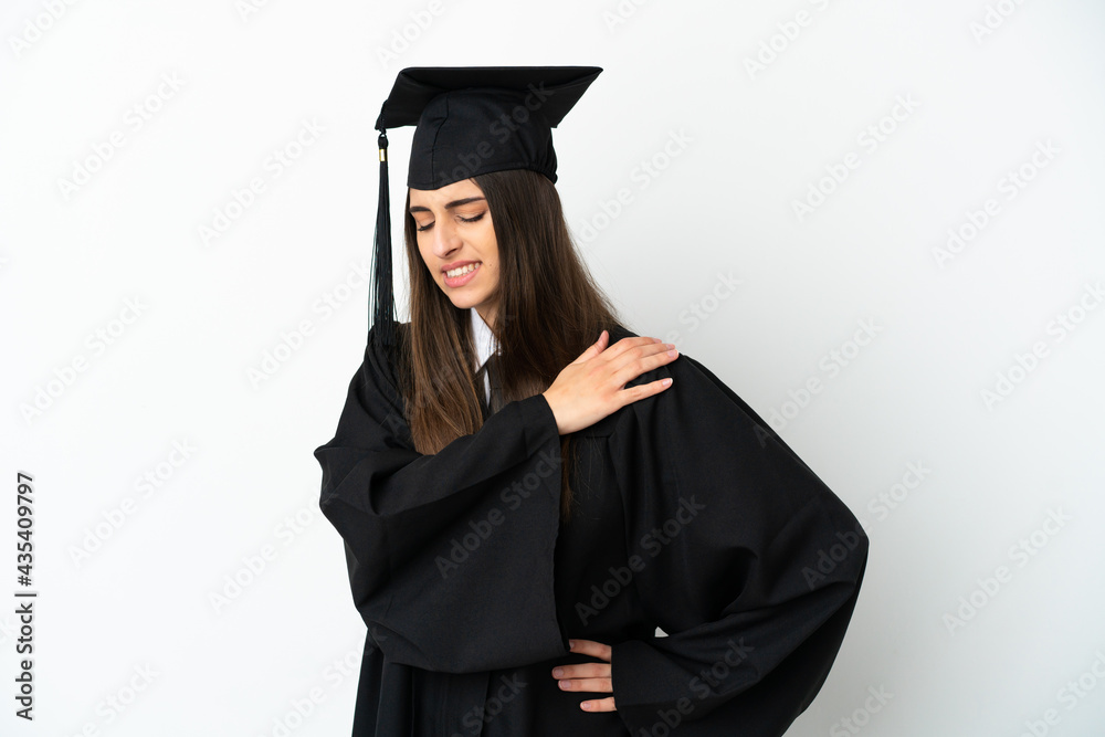 Young university graduate isolated on white background suffering from pain in shoulder for having made an effort Young university graduate isolated on white background suffering from pain in shoulder for having made an effort
