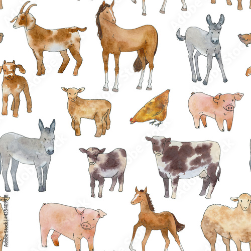 Obraz na plátně Hand drawn farm animals seamless pattern, Watercolor garden clipart, Watercolor
