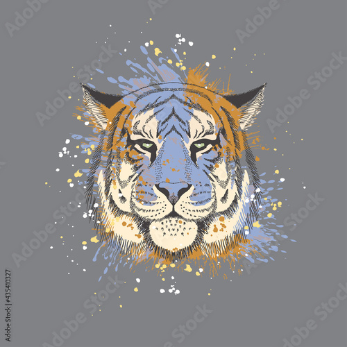 Tiger freehand drawing on a background of watercolor splashes. Greeting card for New Year of the Tiger 2022, Illustration for printing on T-shirts, textiles and souvenirs.