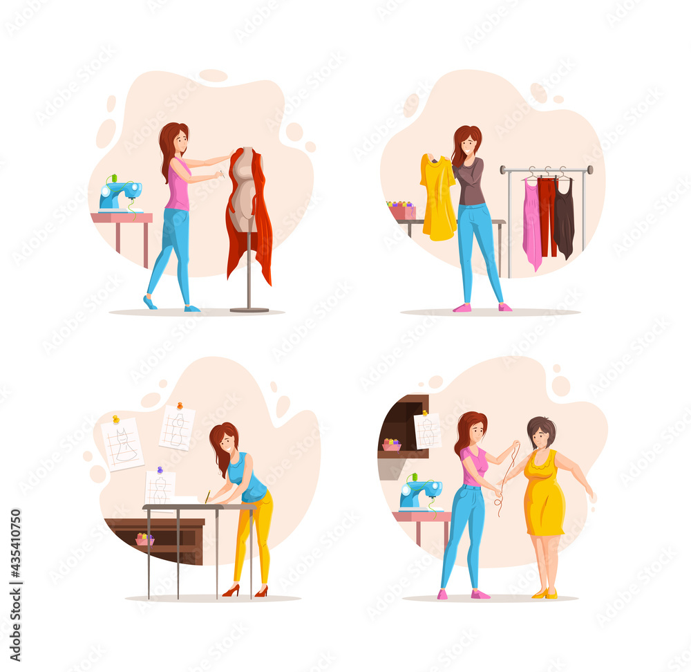Collection of different stages woman fashion clothing designer work. Dressmaker working with mannequin and customer, trying dress, measurement, makes pattern on fabric isolated on white