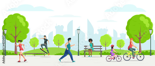Happy people enjoying summer outdoor activity at park vector flat