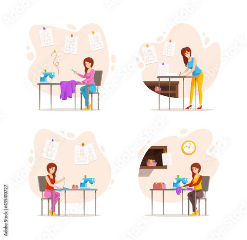 Set female dressmaker sewing creative handmade clothes. Collection woman seamstress patterning, cutting tissue, connecting on sew machine working at home or atelier