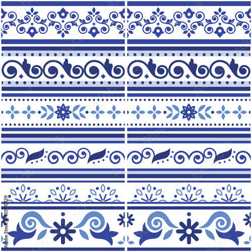 Lisbon style Azulejo tile seamless vector border or fram pattern collection, retro navy blue design set inspired by art from Portugal with floral and geometric motif

