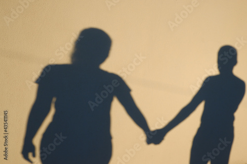 Photo of the shadow of a female and male figure. The man took the woman by the hand and steps forward. Romance and love.