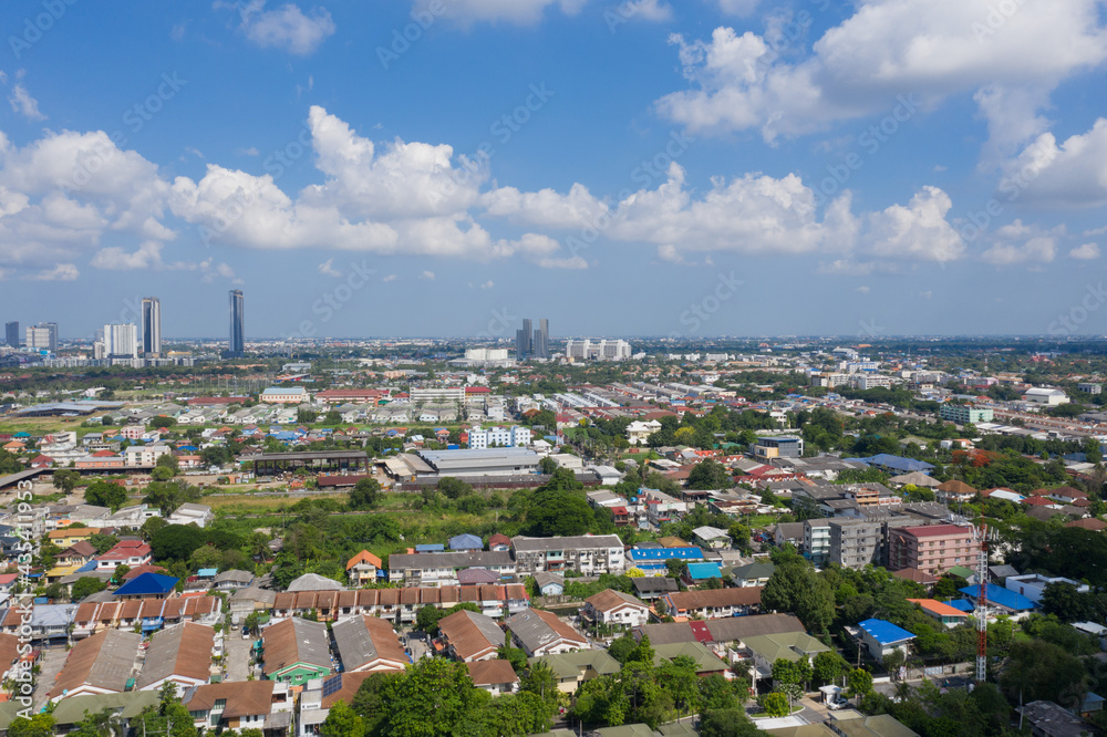 Aerial city view from flying drone at Nonthaburi, Thailand, top view of the city