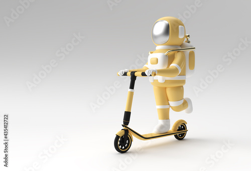 3D Render Astronaut Riding a Push Scooter 3D art Design illustration. photo