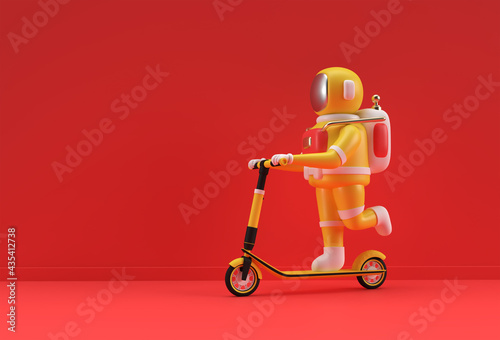 3D Render Astronaut Riding a Push Scooter 3D art Design illustration. photo