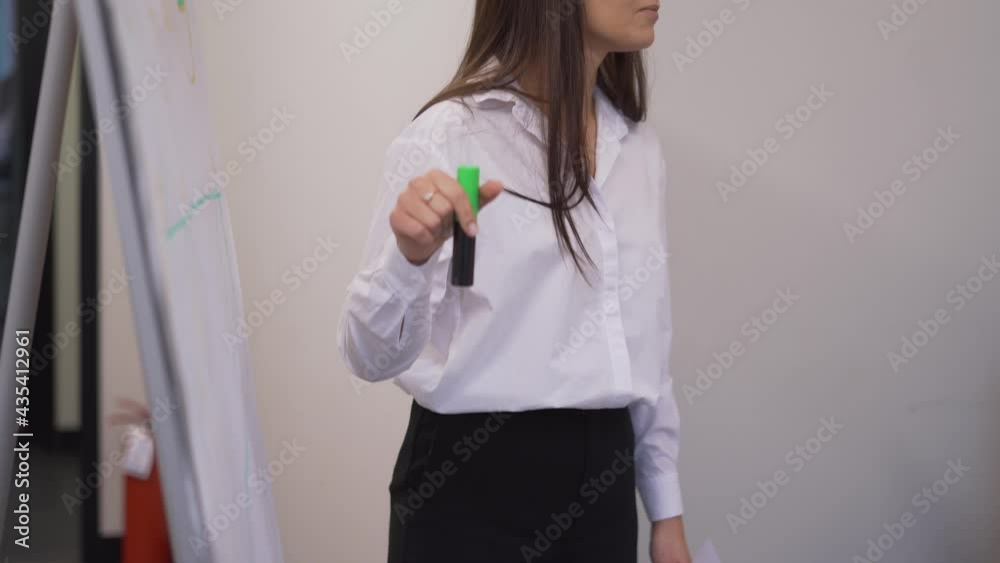 Caucasian female speaker explaining business information during corporate presentation in board room, confident professionals brainstorming on marketing planning Caucasian female speaker explaining business information during corporate presentation in board room, confident professionals brainstorming on marketing planning