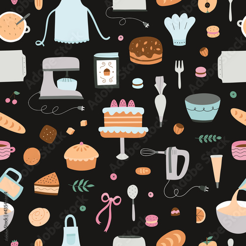 Bakery seamless pattern. Vector background with sweet desserts, cakes and kitchen supplies. Cute baking backdrop