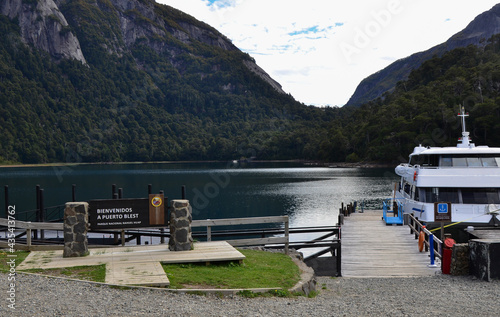 welcome sign to puerto blest, patagonia. lake and ride photo