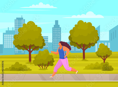 Young woman in sports wear running or jogging in city park summer day. Workout excercise. Runner fat girl doing sprint outdoor on road, leads an active healthy lifestyle cares about her health