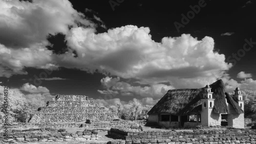 Black and white wide angle time lapse of Xcambo, Mayan ruins in Telchac, Yucatan, Mexico. photo