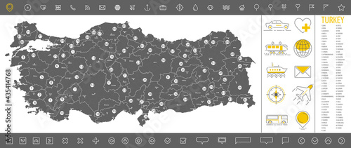Detailed monochrome map of Turkey, gray country territory with geographic borders and administrative divisions on white background, travel icons set, vector illustration photo