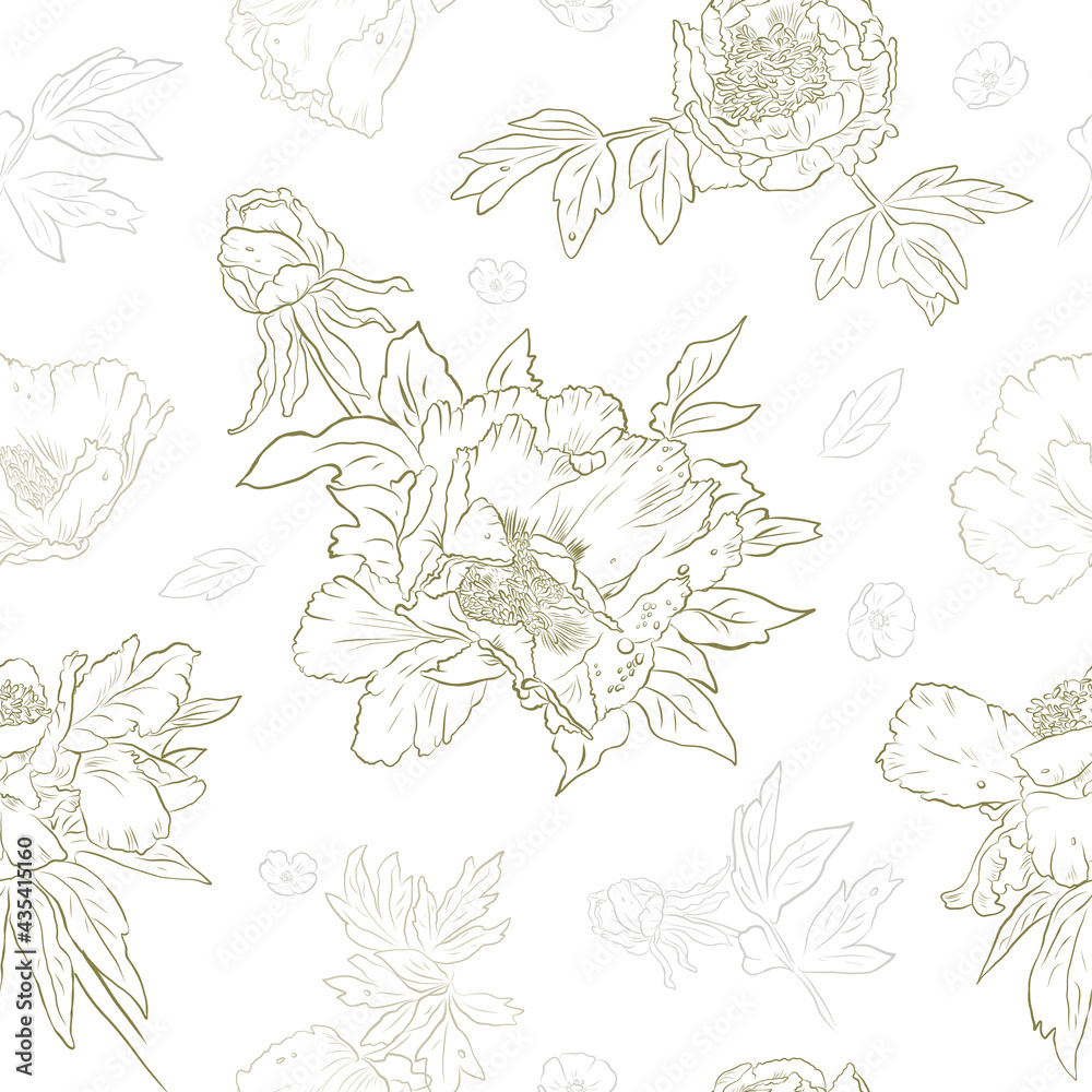 Golden Peonies - seamless vintage vector pattern. Hand-drawn style. Bouquets of peonies and leaves. Maybe use for wallpaper, textile or card, wedding design.
