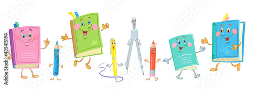 Three funny books, exercise book, pen, pencils and compass. In cartoon style. Isolated on white background. Vector flat illustration