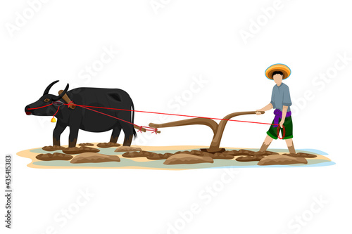 isolated farmer plow in paddy field vector design