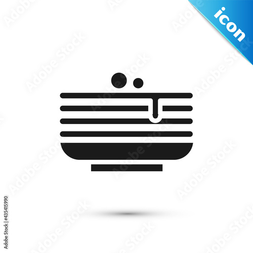 Grey Stack of pancakes icon isolated on white background. Baking with syrup and cherry. Breakfast concept. Vector