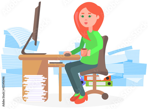 Busy businesswoman stressed due to excessive paperwork. Female employee performs work with documents to deal with deadlines. Woman sitting at workplace and looking at large amount of paper sheets