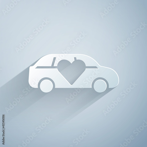 Paper cut Luxury limousine car icon isolated on grey background. For world premiere celebrities and guests poster. Paper art style. Vector
