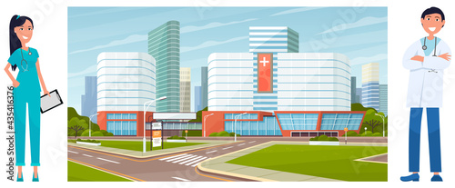 Modern hospital building, healthcare system and medical facility with all departments. Clinic with ambulance. Healthcare and emergency concept. Medical specialists treating various diseases