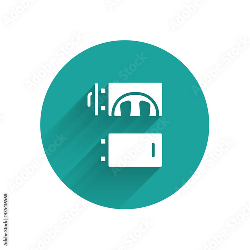 White Crematorium icon isolated with long shadow. Green circle button. Vector