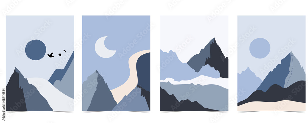 Collection of nature landscape background set with mountain,sea,sun,moon.Editable vector illustration for website, invitation,postcard and poster