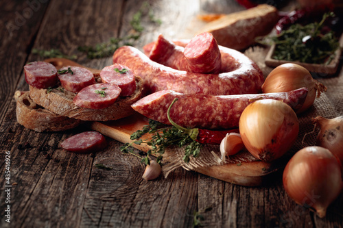 Dry-cured sausages with herbs and spices.